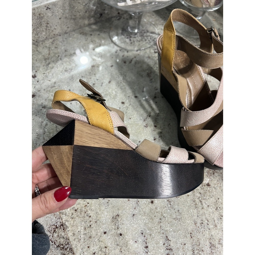 Anthropologie Schuler & Sons Platform Heels Wedge Tan Leather Wood UNIQUE 6